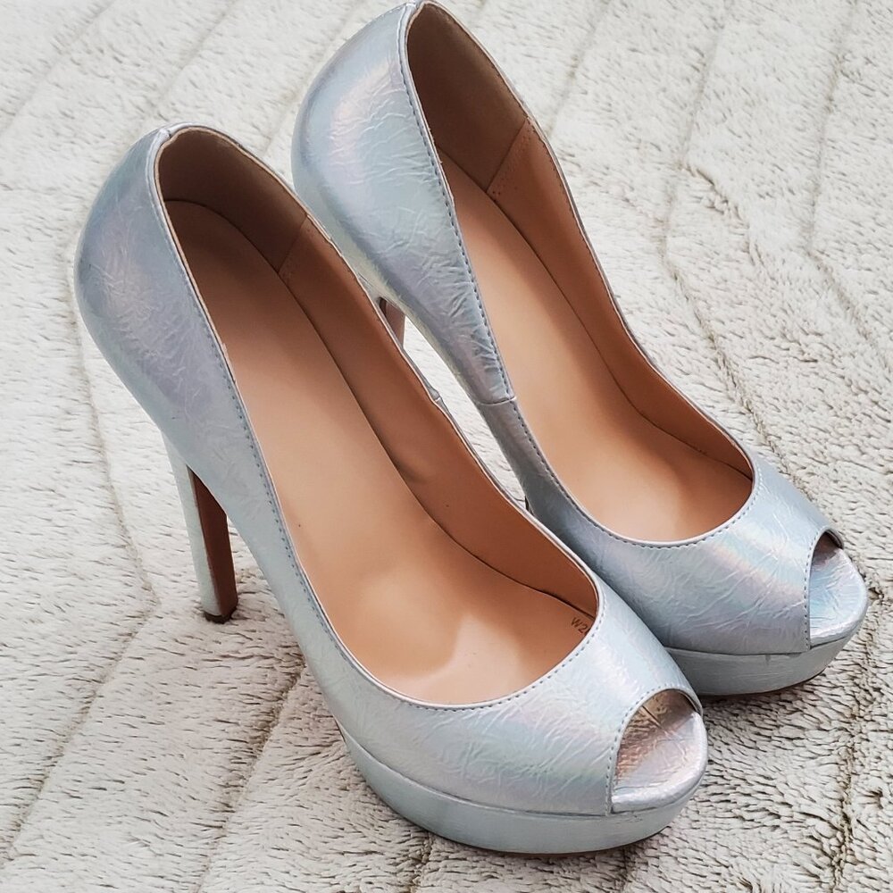 Onlymaker Holographic Peep Toe High Heel Stiletto Platform Pump